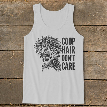 Gray tank top with a black graphic of a fancy chicken and text reading "COOP HAIR DON'T CARE".