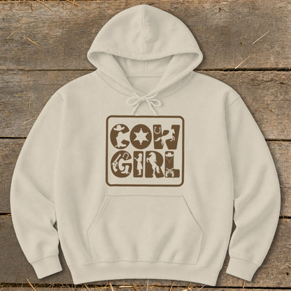 Cream hoodie with "Cowgirl" text and cowboy-themed icons.