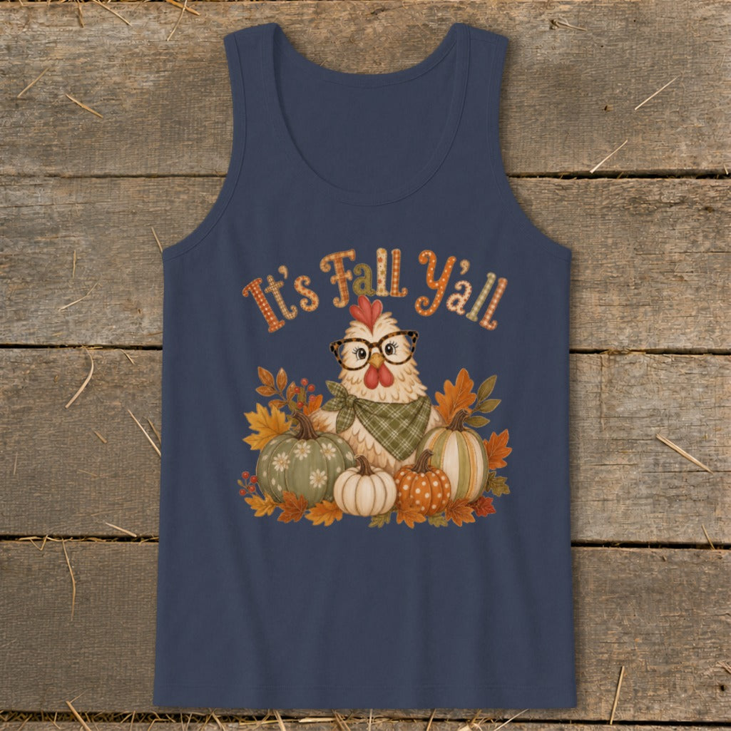 Chicken with glasses and bandana surrounded by pumpkins, with "It's Fall Y'all" text.