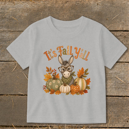 Gray t-shirt with cartoon donkey, pumpkins, and "It's Fall Y'all" text.