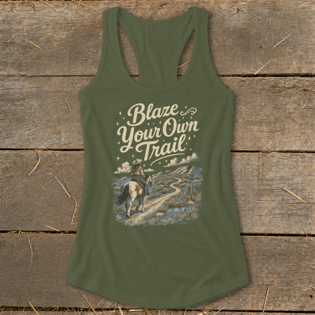 Tank top with "Blaze Your Own Trail" text and desert horse rider graphic.