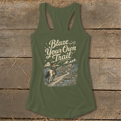 Tank top with "Blaze Your Own Trail" text and desert horse rider graphic.