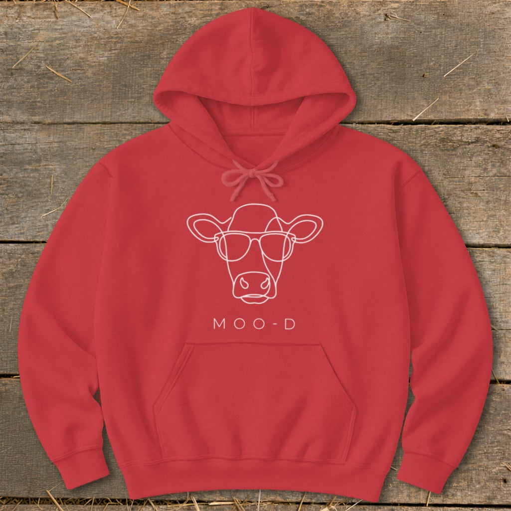 Red hoodie with white line art of a cow wearing sunglasses and text "MOO-D".