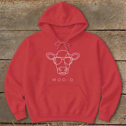 Red hoodie with white line art of a cow wearing sunglasses and text "MOO-D".