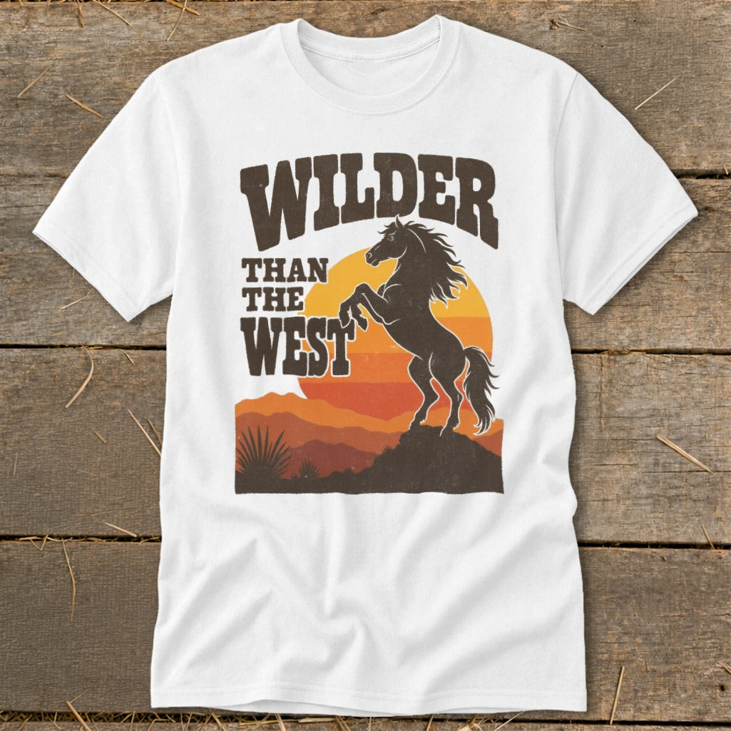 White t-shirt with "WILDER THAN THE WEST" text and a rearing horse silhouette.