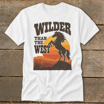 White t-shirt with "WILDER THAN THE WEST" text and a rearing horse silhouette.