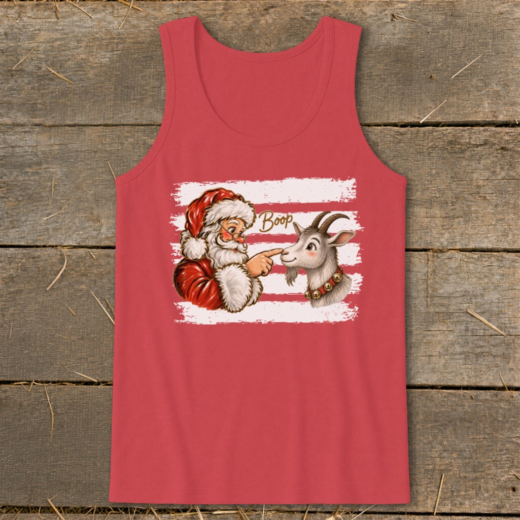 Santa booping a goat with "Boop" text on a pink tank top.
