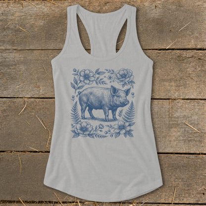 Light gray tank top with blue floral and pig graphic print.