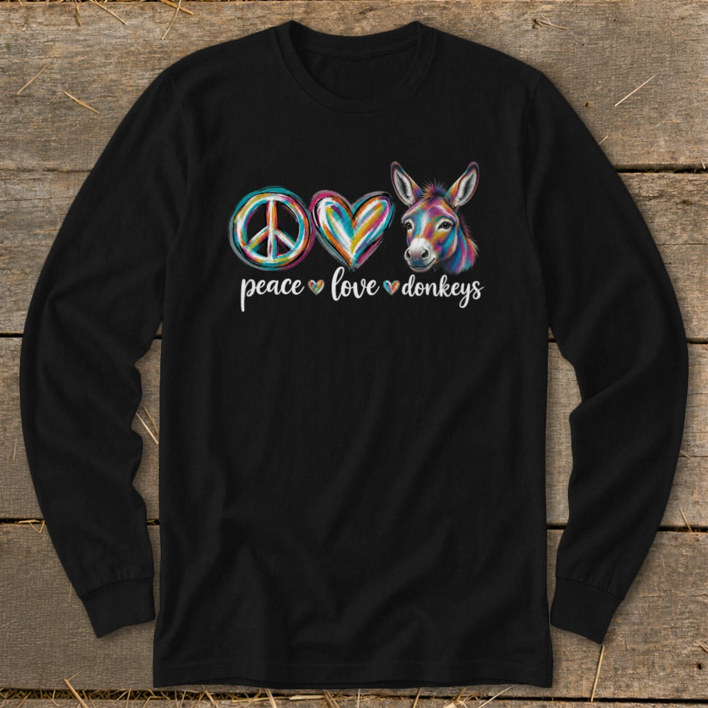 Black long sleeve shirt with peace, heart, and donkey graphic.