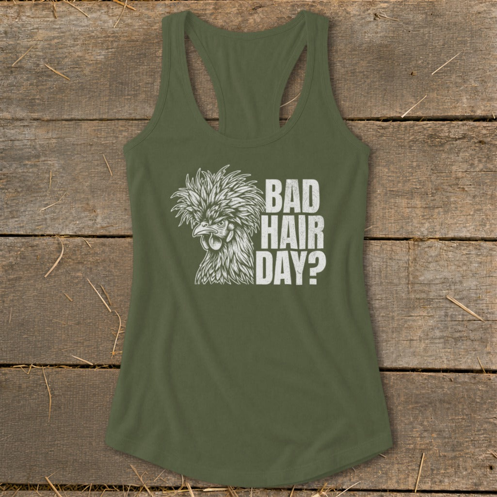 Green tank top with a white graphic of a fluffy chicken and text that says "BAD HAIR DAY?".