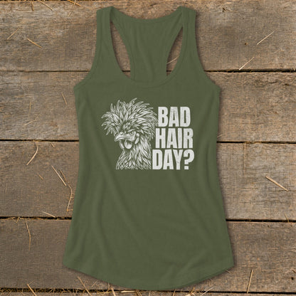 Green tank top with a white graphic of a fluffy chicken and text that says "BAD HAIR DAY?".