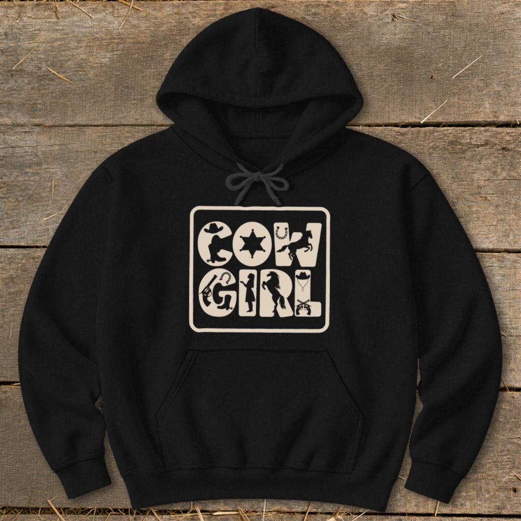 Black hoodie with "COWGIRL" text and western icons inside a square border.