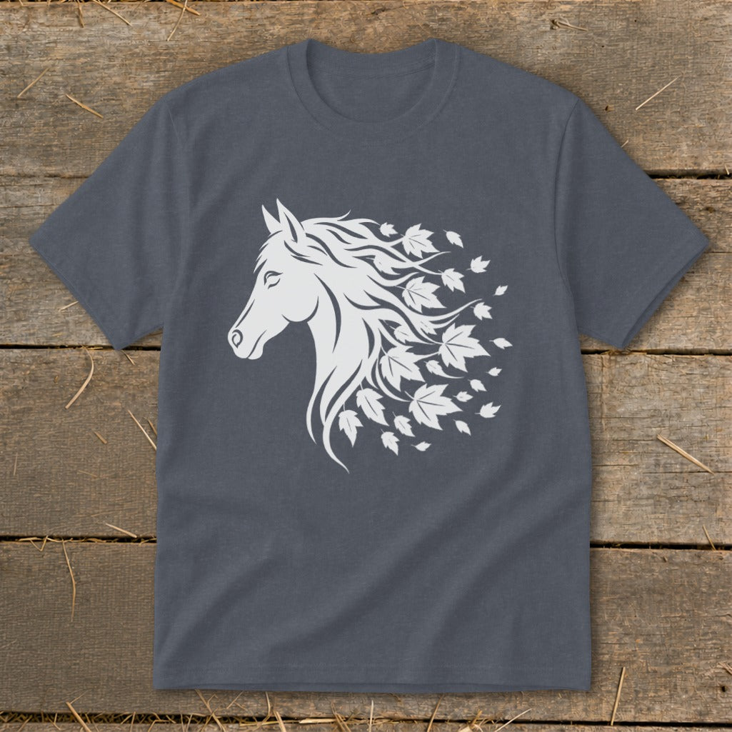 White horse head profile with flowing mane and falling leaves graphic on charcoal t-shirt.