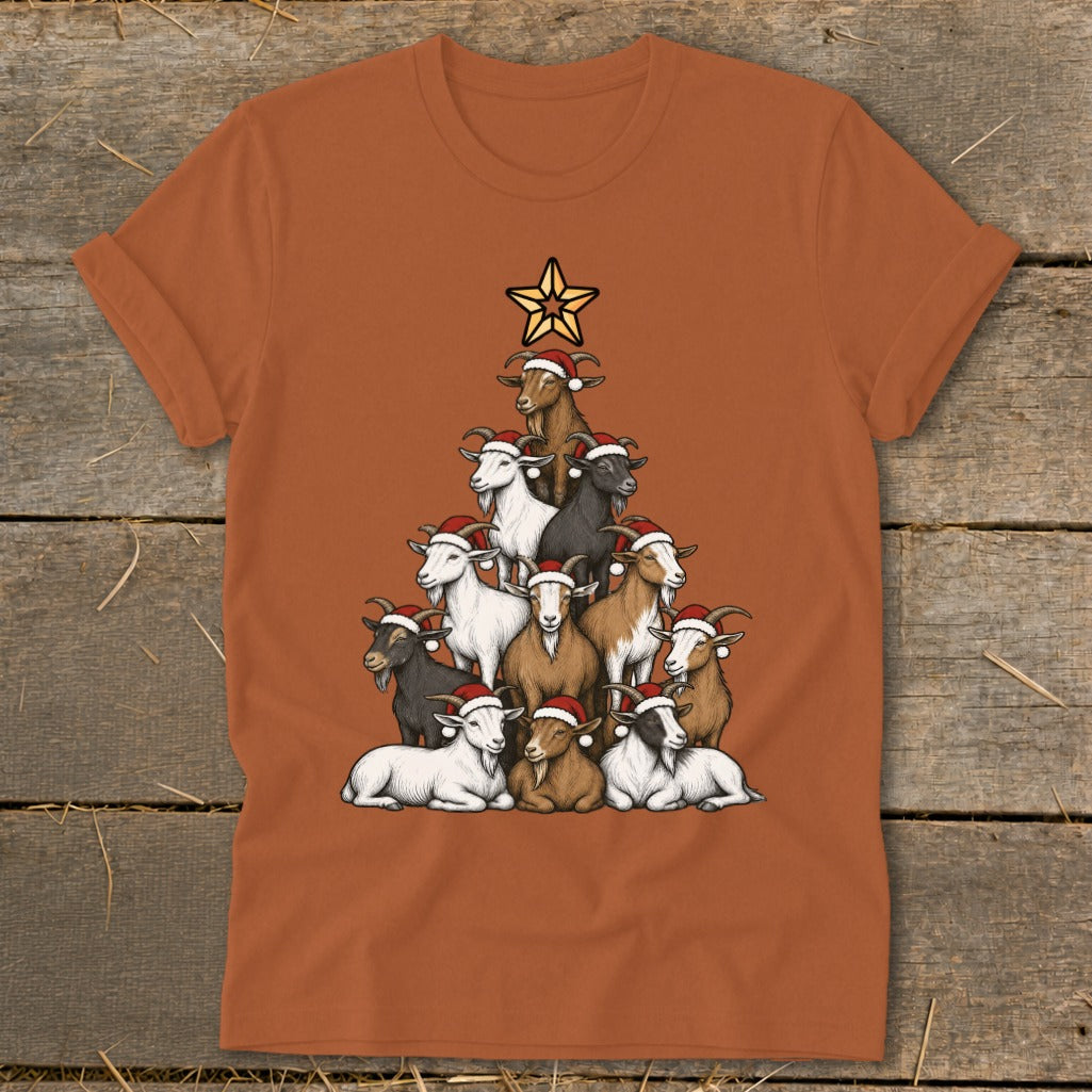 T-shirt graphic featuring goats dressed as a Christmas tree with a star topper.