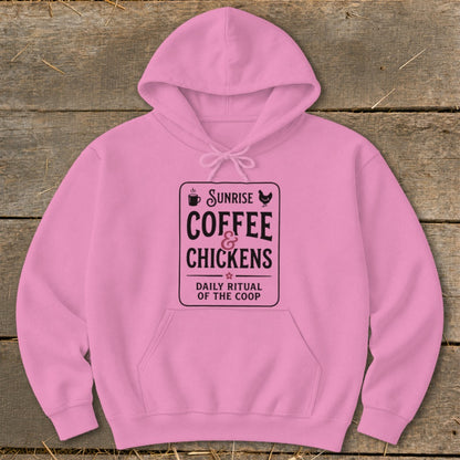 Pink hoodie with "Sunrise Coffee & Chickens Daily Ritual of the Coop" text.