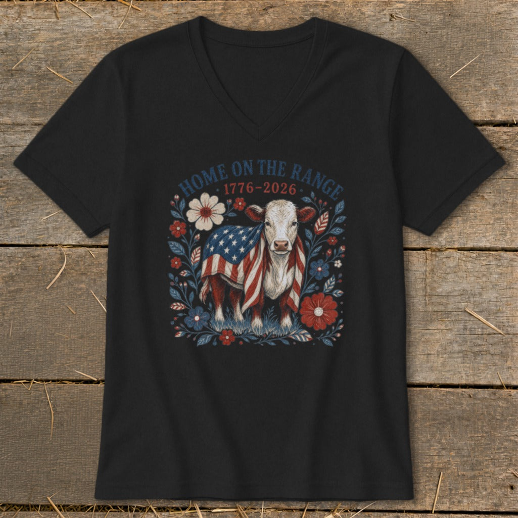 Black t-shirt with cow and American flag graphic, "Home on the Range 1776-2026" text.
