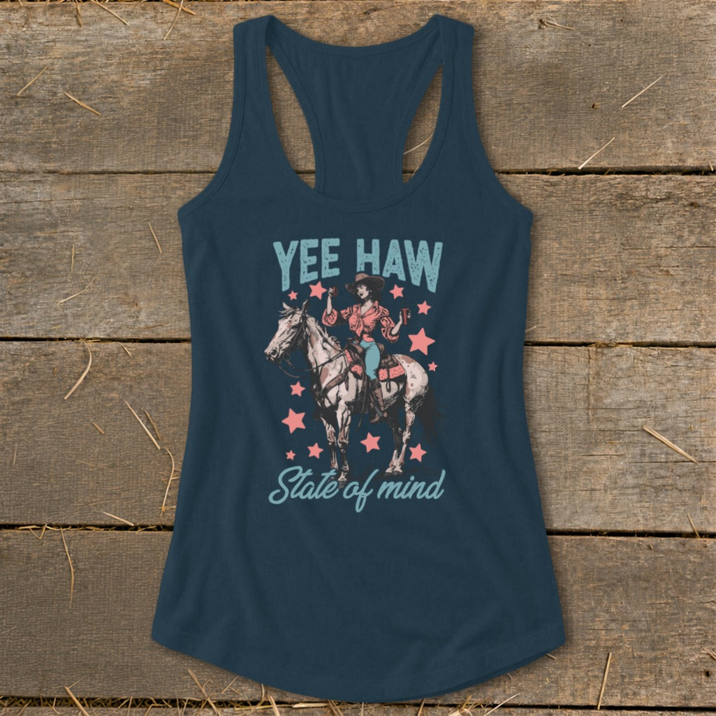 "Yee Haw State of Mind" graphic on a dark blue tank top featuring a woman riding a horse.