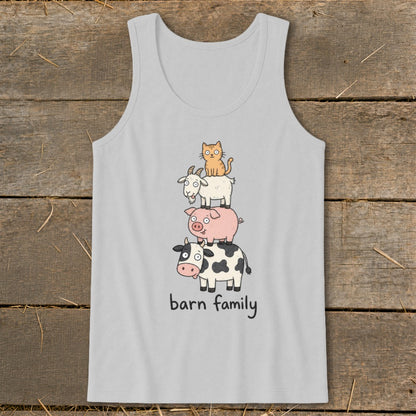 Light gray tank top with cartoon cow, pig, goat, and cat stacked with "barn family" text.