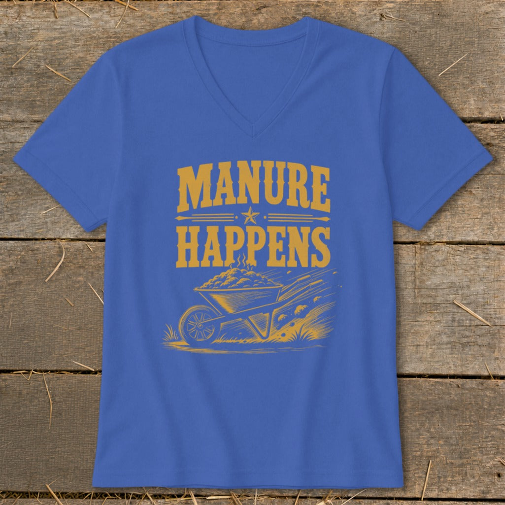 Blue t-shirt with yellow text "MANURE HAPPENS" and a wheelbarrow graphic.
