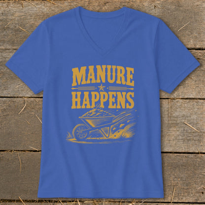 Blue t-shirt with yellow text "MANURE HAPPENS" and a wheelbarrow graphic.