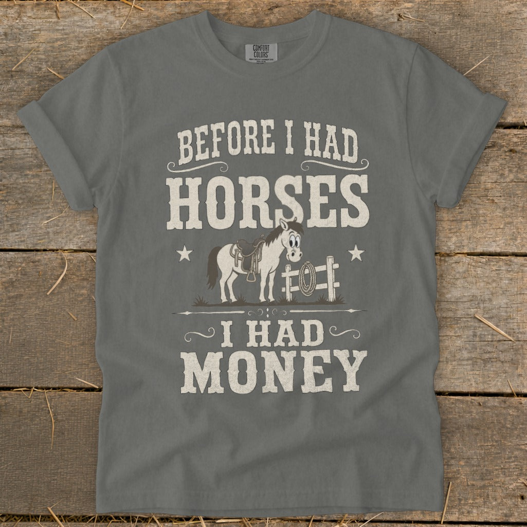 T-shirt with text "Before I had horses, I had money" and cartoon horse graphic.