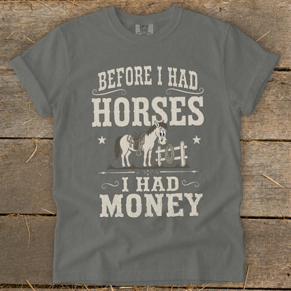 T-shirt with text "Before I had horses, I had money" and cartoon horse graphic.