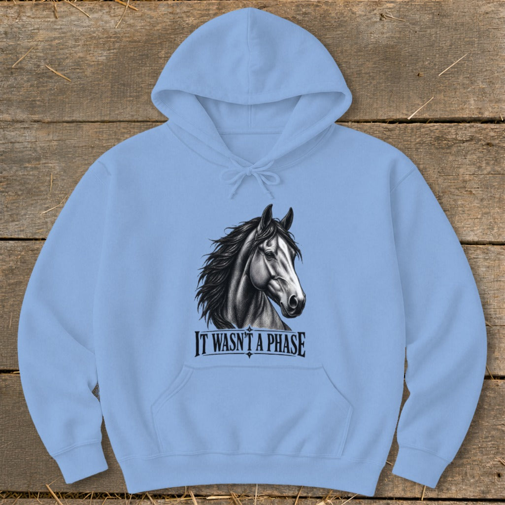 Light blue hoodie with a black and white horse head graphic and text.