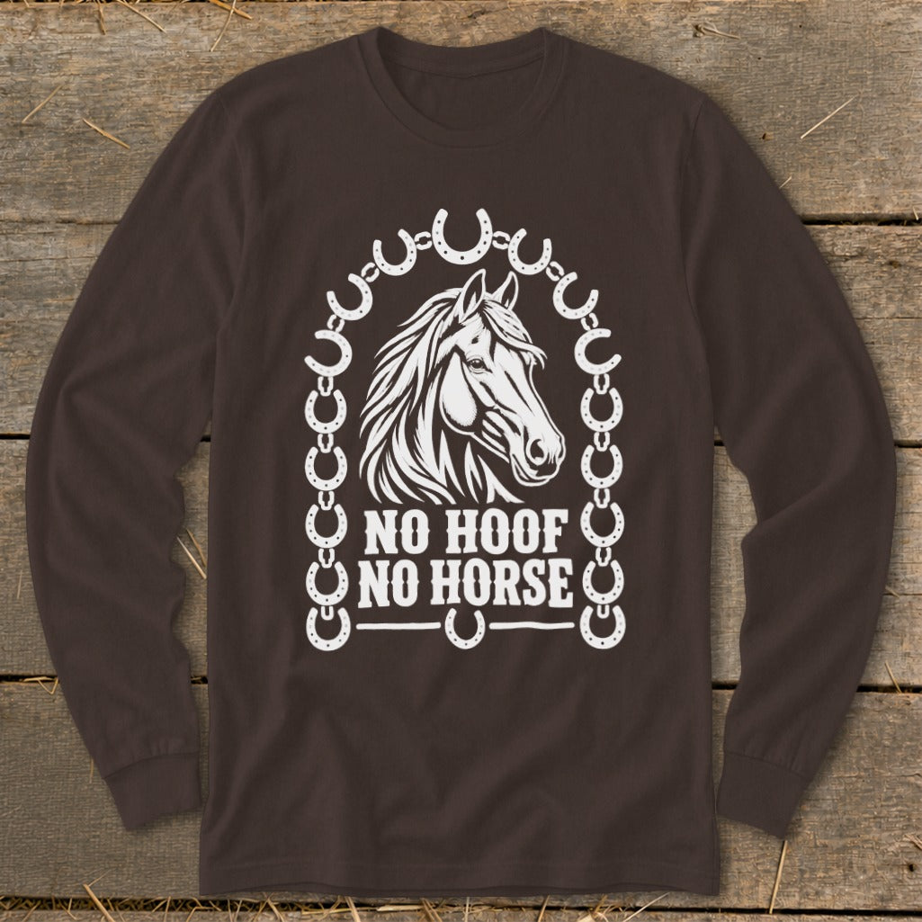 Brown long-sleeve shirt with white horse head graphic and "NO HOOF NO HORSE" text.