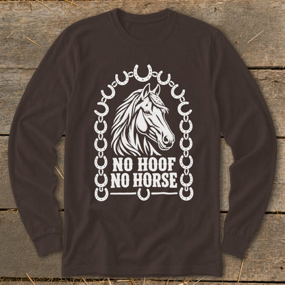 Brown long-sleeve shirt with white horse head graphic and "NO HOOF NO HORSE" text.