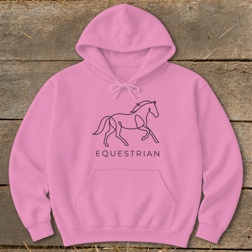 Pink hoodie with black line art of a horse and the word "EQUESTRIAN".