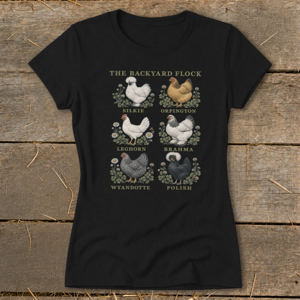 Black t-shirt with "The Backyard Flock" title and six chicken illustrations with breed names.
