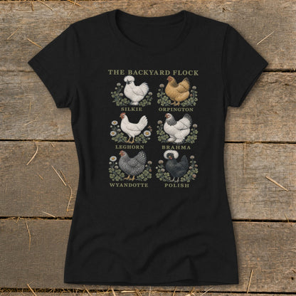 Black t-shirt with "The Backyard Flock" title and six chicken illustrations with breed names.