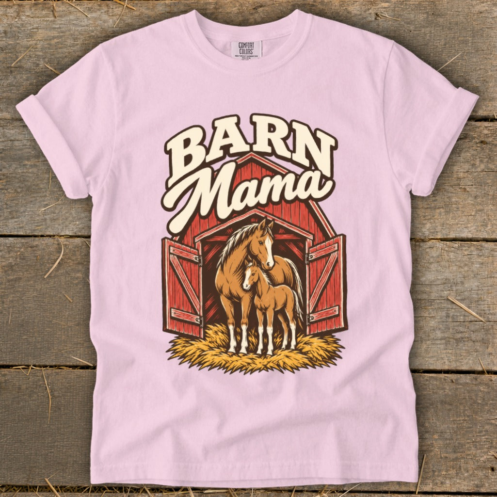 Barn Mama text over horses inside a red barn on a pink shirt.