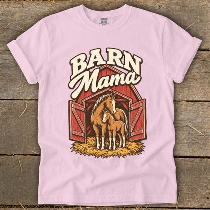 Barn Mama text over horses inside a red barn on a pink shirt.