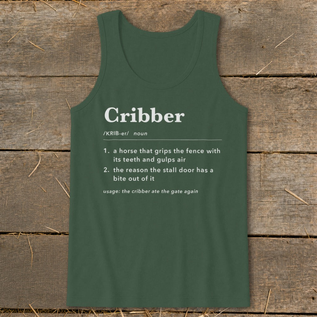 Dark green tank top printed with a dictionary definition of the word cribber centered on a rustic wooden background.