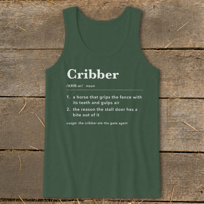 Dark green tank top printed with a dictionary definition of the word cribber centered on a rustic wooden background.