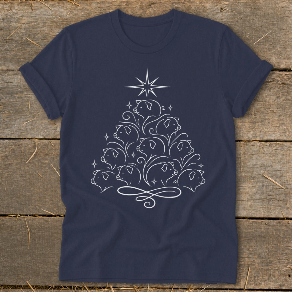 Navy t-shirt with a white line art Christmas tree made of pigs and a star.