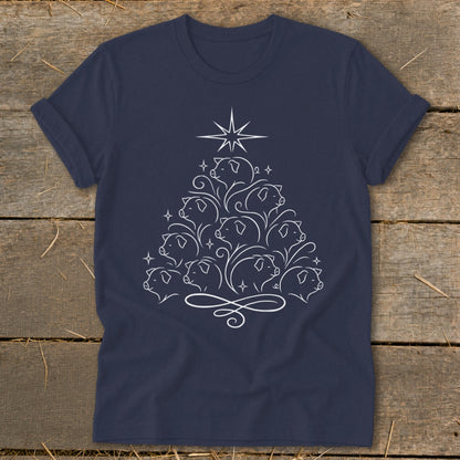 Navy t-shirt with a white line art Christmas tree made of pigs and a star.