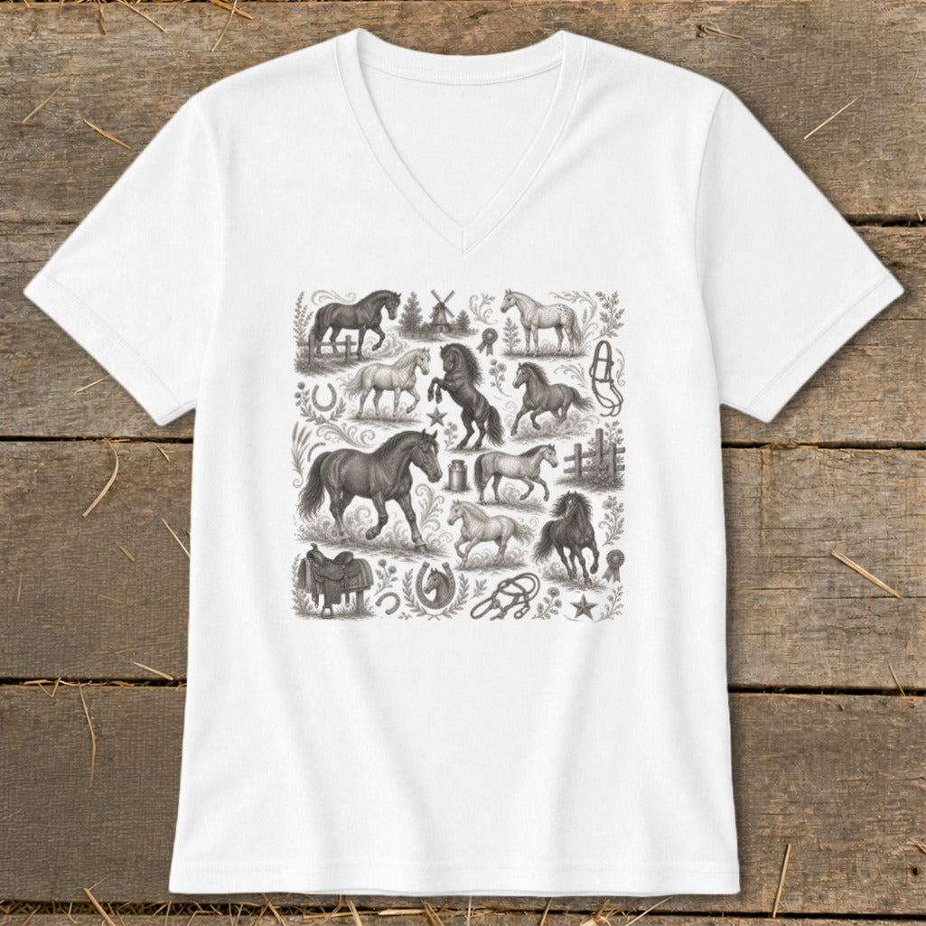 White t-shirt with a collage of various horse illustrations and equestrian elements.