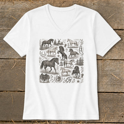 White t-shirt with a collage of various horse illustrations and equestrian elements.