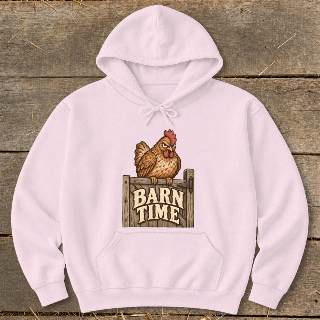 Pink hoodie with a chicken illustration and "Barn Time" text.