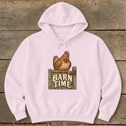 Pink hoodie with a chicken illustration and "Barn Time" text.