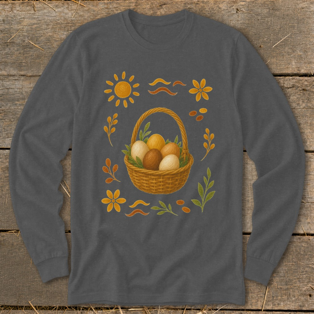 Dark gray long-sleeve shirt with Easter basket, eggs, sun, flowers, and leaves design.