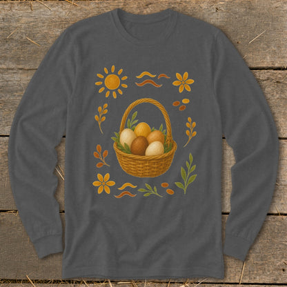 Dark gray long-sleeve shirt with Easter basket, eggs, sun, flowers, and leaves design.