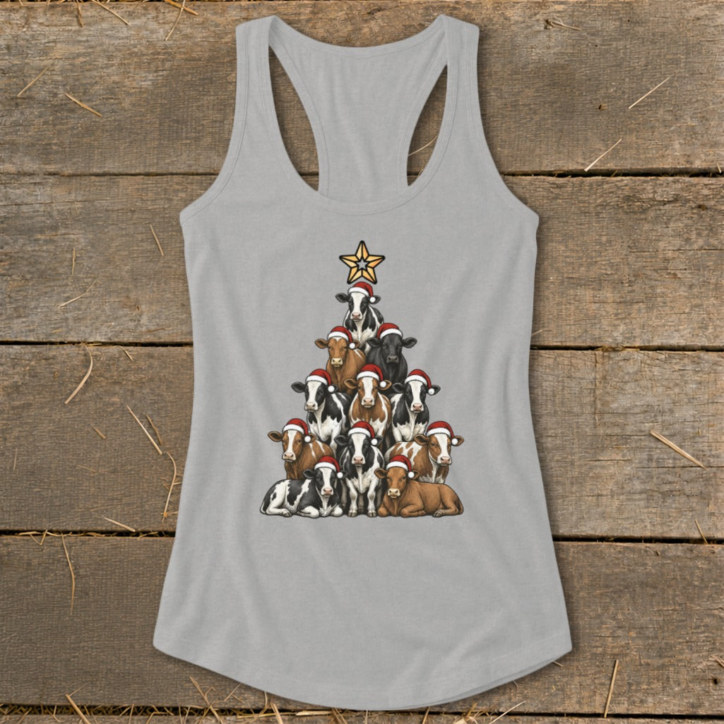Cow Christmas tree with Santa hats and a star on a grey tank top.