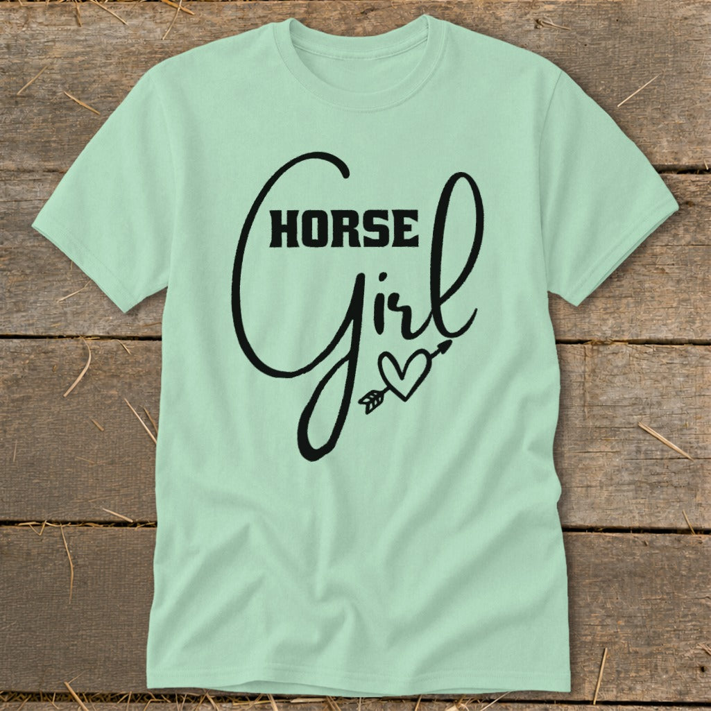 Mint green t-shirt with "Horse Girl" text and heart with arrow design.