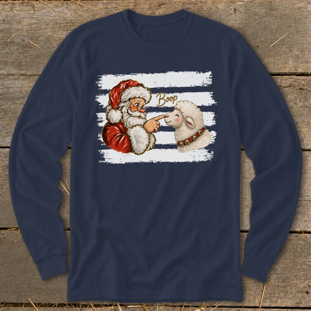 Santa booping a sheep with the word "Boop" on a navy long-sleeve shirt.