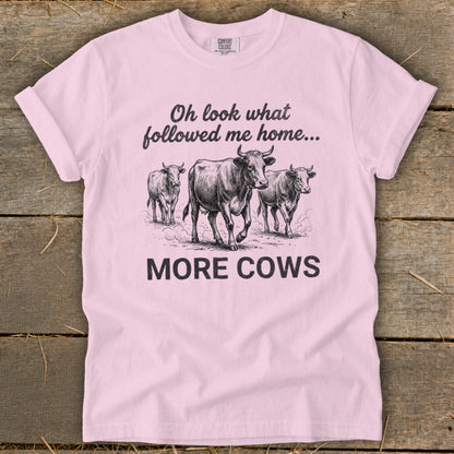Pink t-shirt with sketch of three cows and text "Oh look what followed me home... MORE COWS."