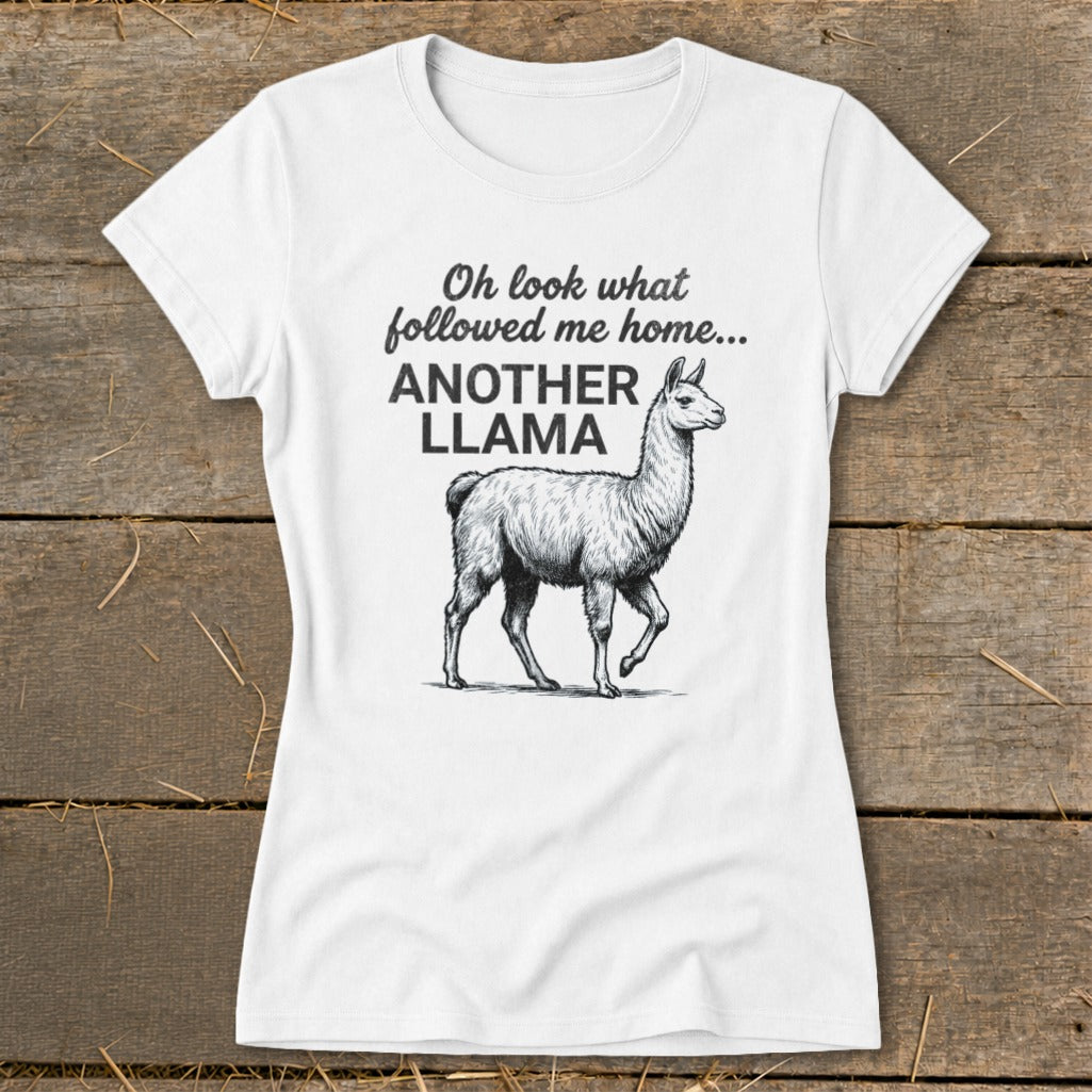 White t-shirt with sketch of llama and text "Oh look what followed me home... ANOTHER LLAMA".