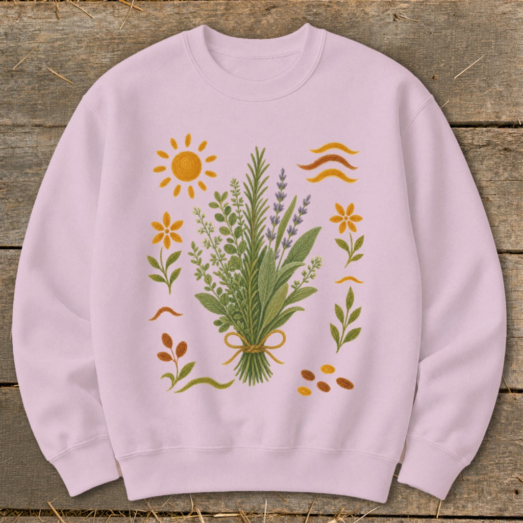Pink sweatshirt with a bouquet of herbs and wildflowers, sun, and seeds.